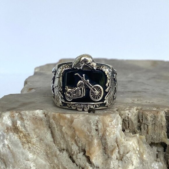 Sterling Silver 925 BGE Heavy Black Onyx Motorcycle Eagle Wide Band Ring Sz 9.5 - Picture 4 of 16